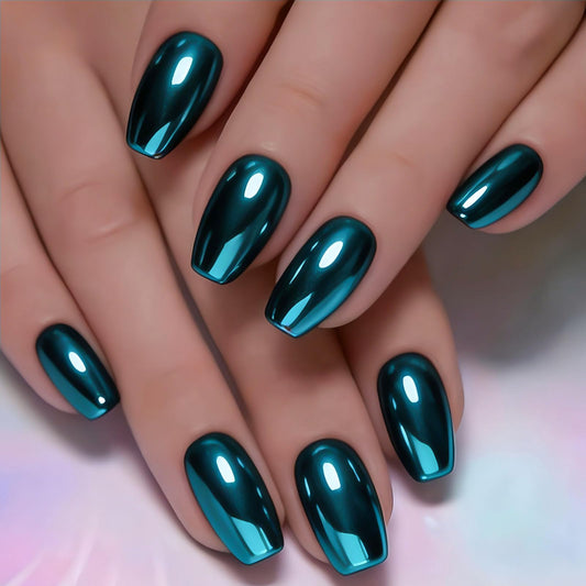RUOKEXIN Medium Length Press on Nails Square Fake Nails Blue Chrome False Nails Full Cover Nail Press ons Sparkly Artificial Nails for Women 24Pcs