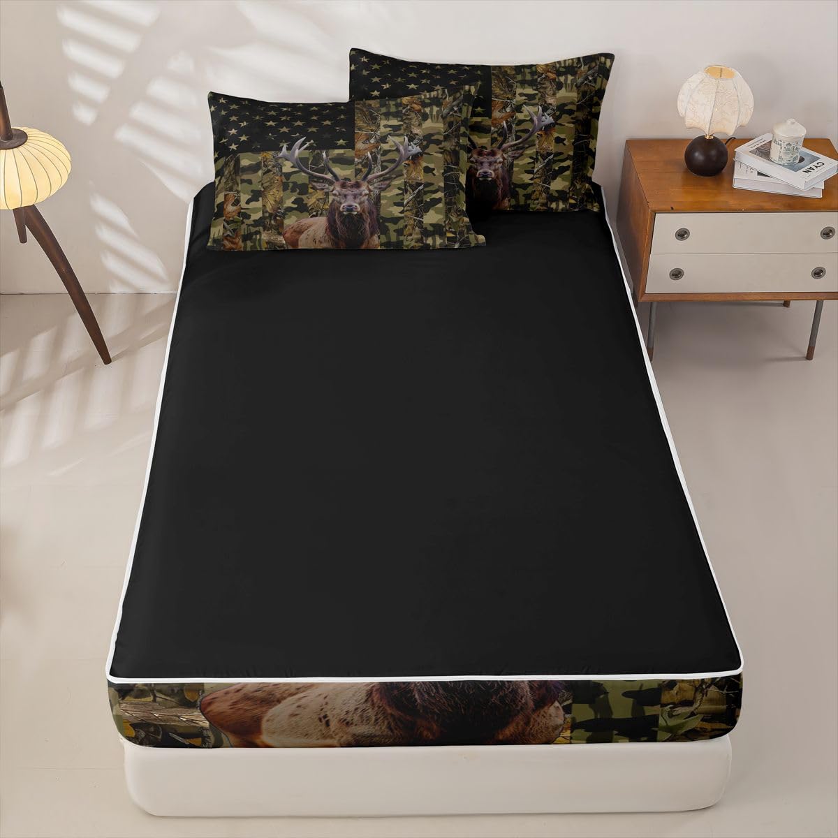 jejeloiu Deer Hunting Camo Zipper Bedding for Kids Rustic Western Deer Twin Comforter Set with Fitted Sheet 2 Pillowcases American Flag Bed in a Bag Green Camouflage Soft Lightweight Microfiber