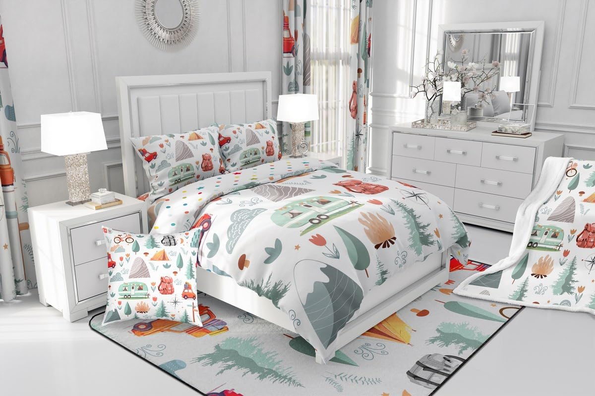 Kids Camper Theme Comforter Set Full 3Pcs, Happy Camping Bedding for Toddler, Travel Car Rv Accessories Down Comforter, Botanical Flowers Mountain Adventure Quilt, Cute Camper Duvet Set Room Decor