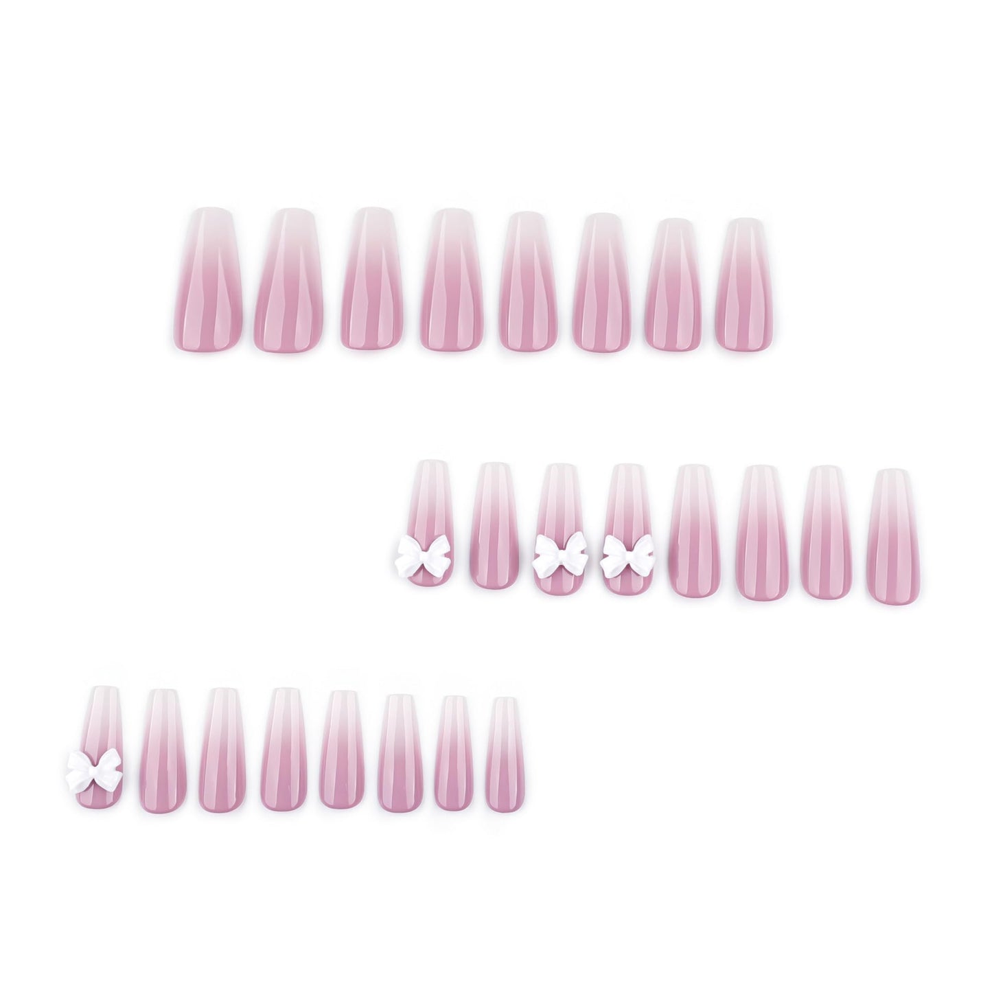 MERVF Long Press on Nails Coffin - White Ombre French Tip Fake Acrylic Nail Glue ons, 3D Bow Design 24pcs Glossy Finish