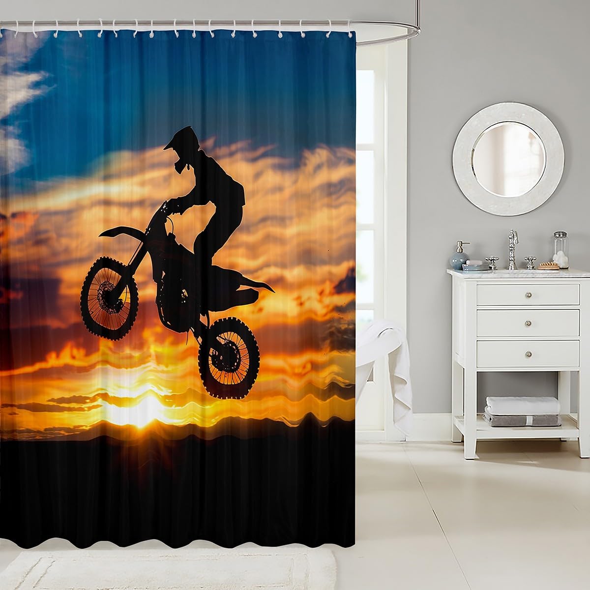 Feelyou Motocross Rider Shower Curtain for Girls Boys Dirt Bike Motorbike Bath Curtain Decorative Extreme Sports Theme Bathroom Shower Curtain Set Chic Sunset Waterproof Curtain 72"x72"