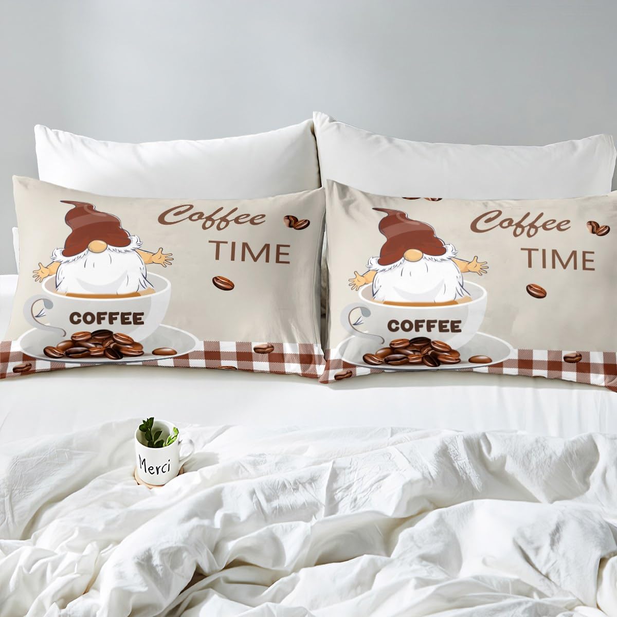 Manfei Coffee Fitted Sheet Twin Size, Gnome Coffee Time Bed Cover with 1 Pillowcase, Brown Plaid Farmhouse Bedding Set 2pcs for Kids Boys Girls Room Decor, Soft Polyester Bedding