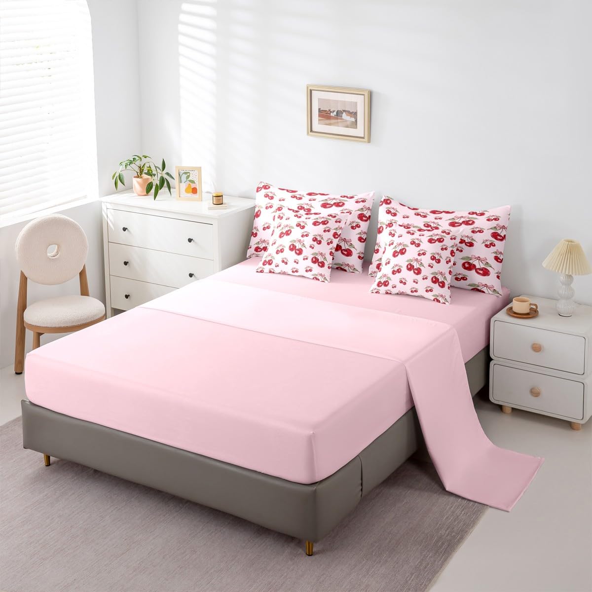 Feelyou Red Cherry Comforter Set with Sheets 7 Piece Twin Size Pink Bowknot Bed in a Bag Kids Boys Girls Cartoon Cherry Bedding Set Cute Bow Bedroom Decor Breathable Soft Lightweight Microfiber