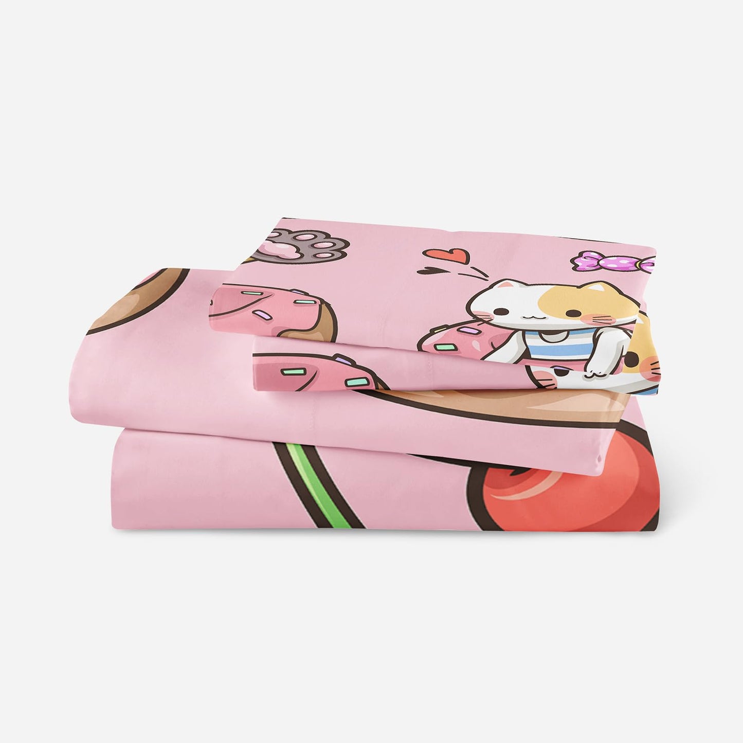 QOOMO Kawaii Cat Sheet Set,Doughnut Kids Bed Sheets,Cherry Printed 16" Deep Pocket Bed Sheet Set for Girls/Kids/Teens，4 Piece Sheet Set, 1 Fitted Sheet,1 Flat Sheet and 2 Pillowcases，Twin Size