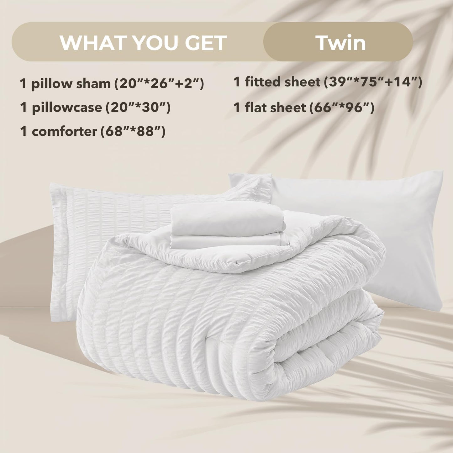 HYMOKEGE White Twin Comforter Set Seersucker 5 Pieces, All Season Luxury Bed in a Bag for Bedroom, Bedding Set with Comforters, Sheets, Pillowcase & Sham