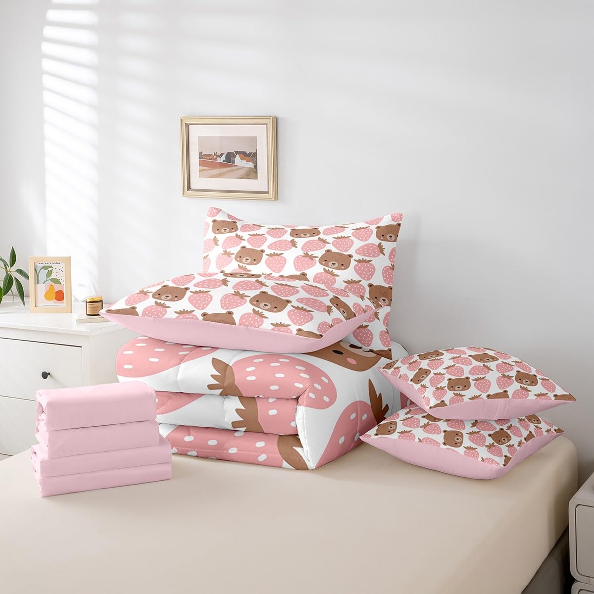 Cute Bear 7Pcs Comforter Set Full Size,Pink Strawberry Bedding Set for Kids Girls Boys Teens Room Decor,Cartoon Animals Bed in a Bag Sweet Pink Fitted Sheet Flat Sheet,2 Throw Pillow 2 Pillowcases