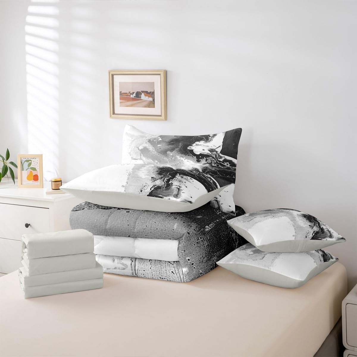 Feelyou Abstract King Comforter Set with Sheets for Kids Boys Girls Modern Abstract Art 7 Pieces Bedding Set Luxury Bed in a Bag Geometric Room Decor White Gray Soft Lightweight Microfiber