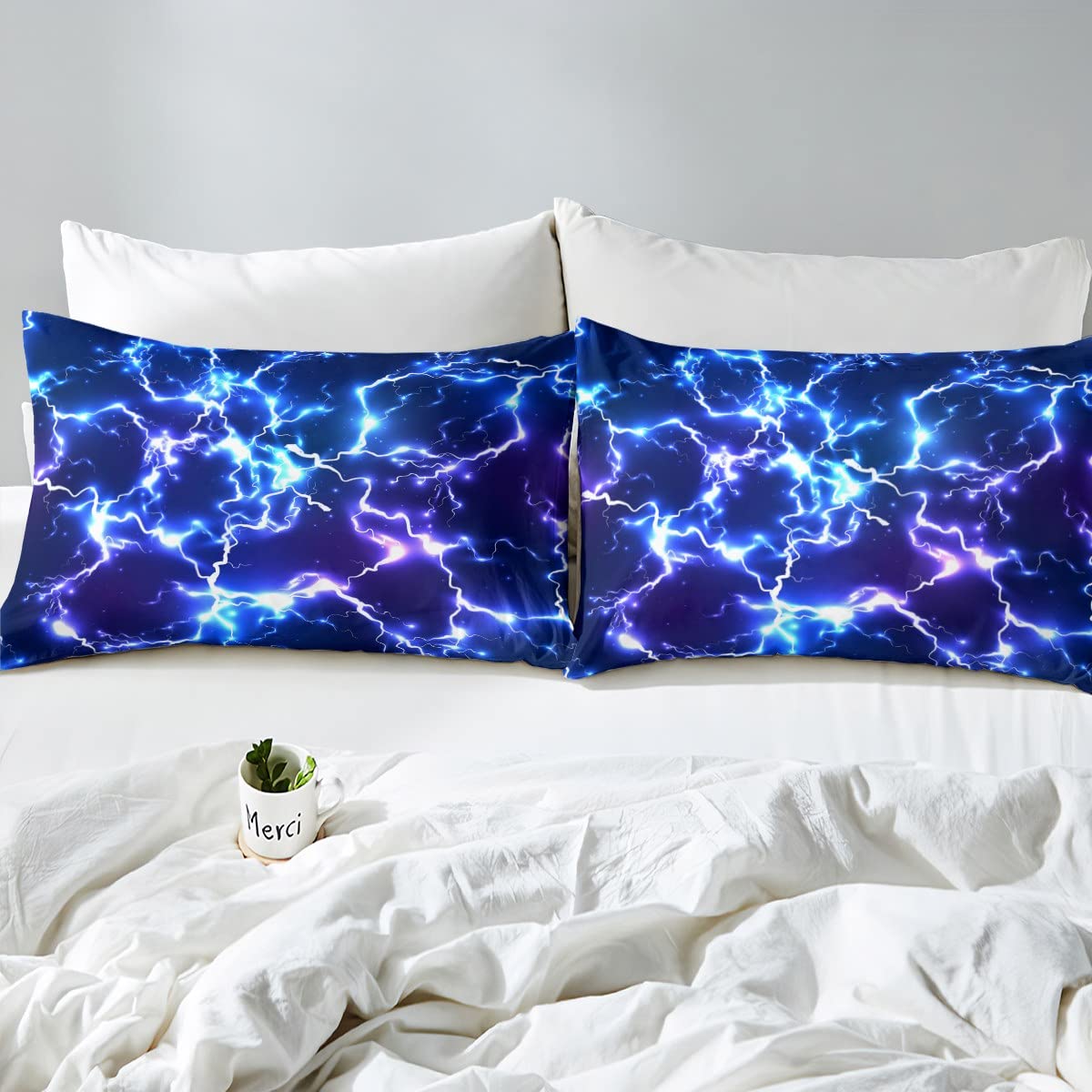 Neon Blue Lightning Strike Duvet Cover King,Game Lightning Bedding Set 3pcs for Kids Boys Teens Gamer Room Decor,Fashion 3D Shiny Comforter Cover Modern Gaming Cool Quilt Cover with 2 Pillowcases