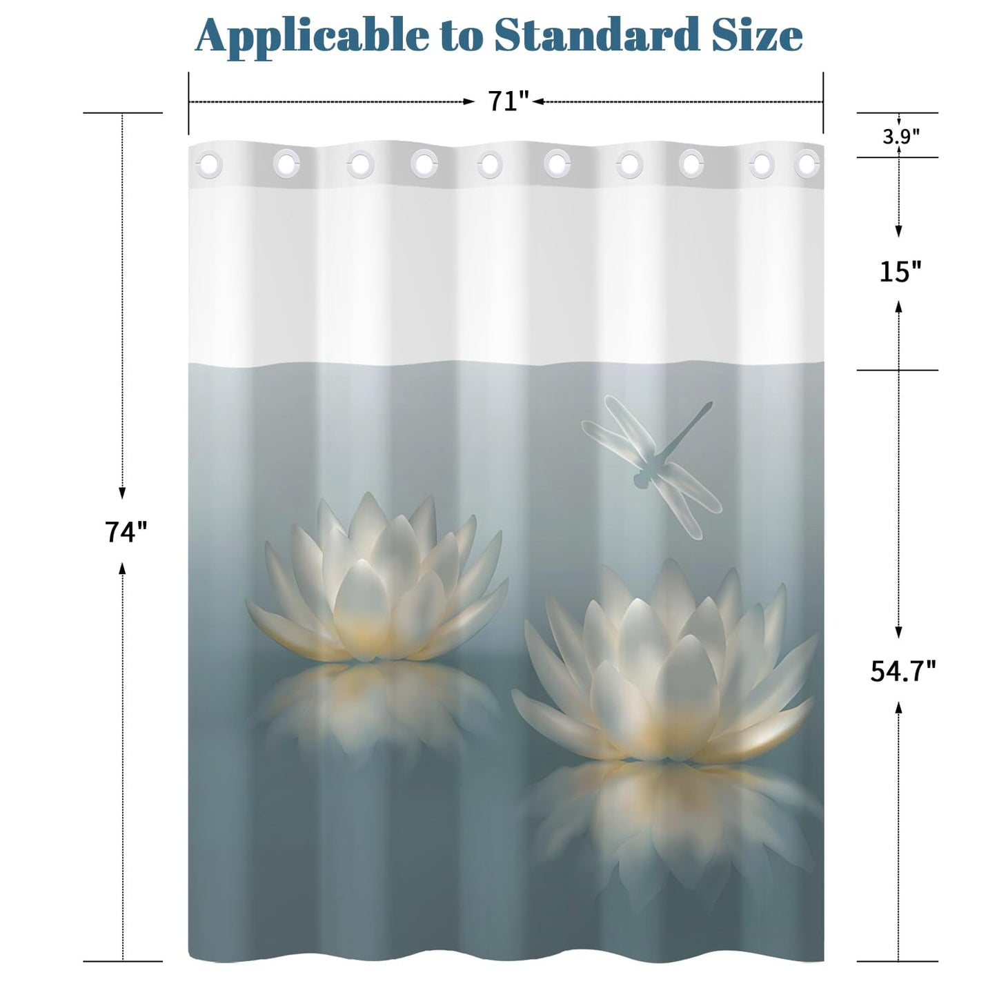 Xiazhilaio No Hook Lotus Flower Shower Curtain with Snap in Liner - 71″W x 74″L Waterproof Fabric with Mesh Top Window, Zen Floral & Dragonfly Print Bath Curtain for Modern Spa Bathroom Decor