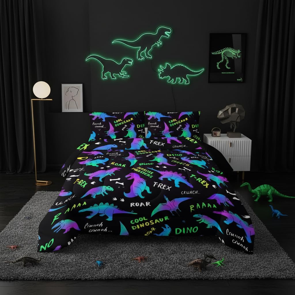 QOOMO Jurassic Dinosaur Comforter Queen Size, Black Cartoon Animals Kids Bedding Set, Suitability Girs and Boys Black Decorate a Room 1 Comforter Set 2 Pillowcases