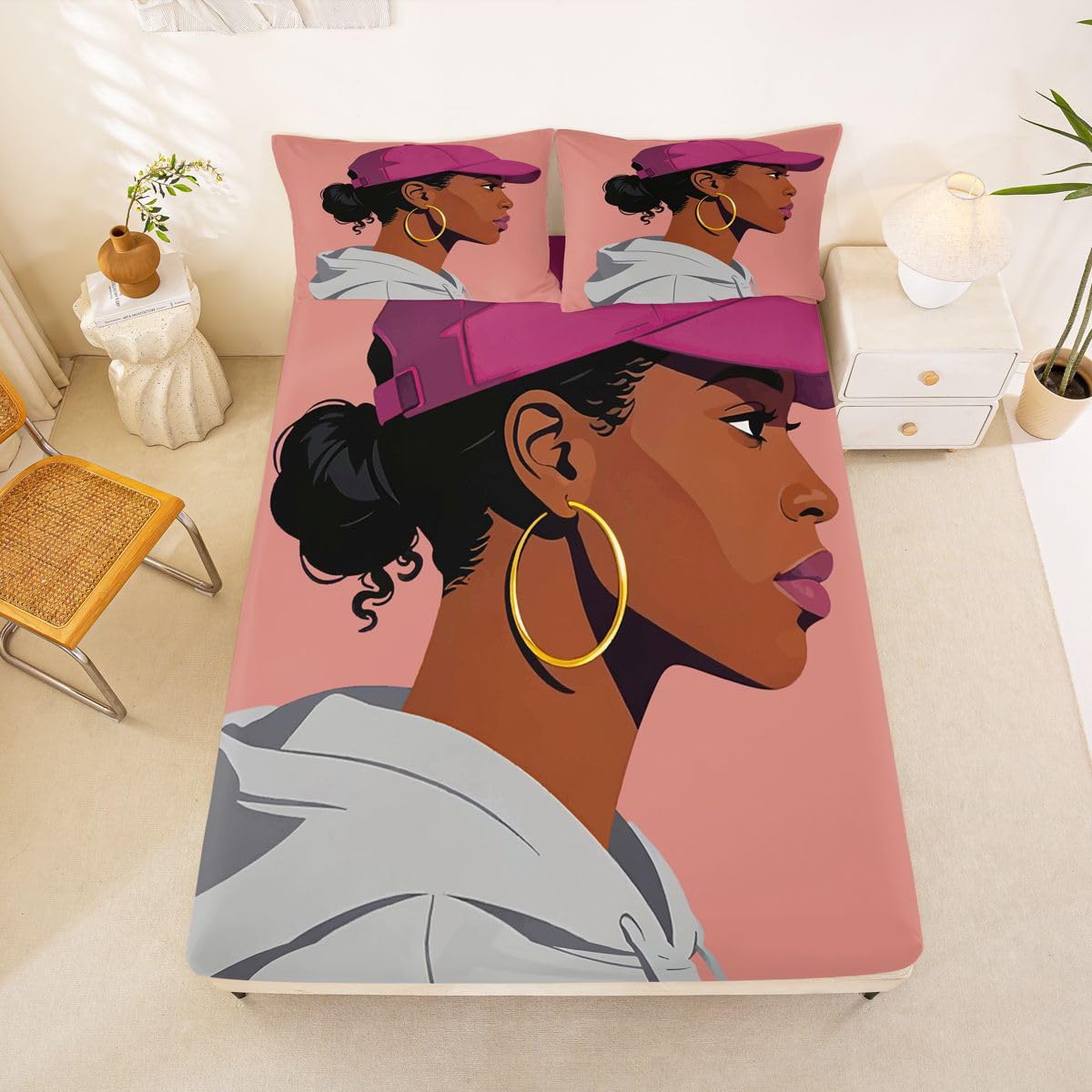 Erosebridal Black Girls Girls Bed Sheets Full Size Fashion Black Woman Fitted Sheet Vogue Fashionable Gorgeous Bedding Set for Kids Children Women Bedroom Decor African Princess Magical Sheets