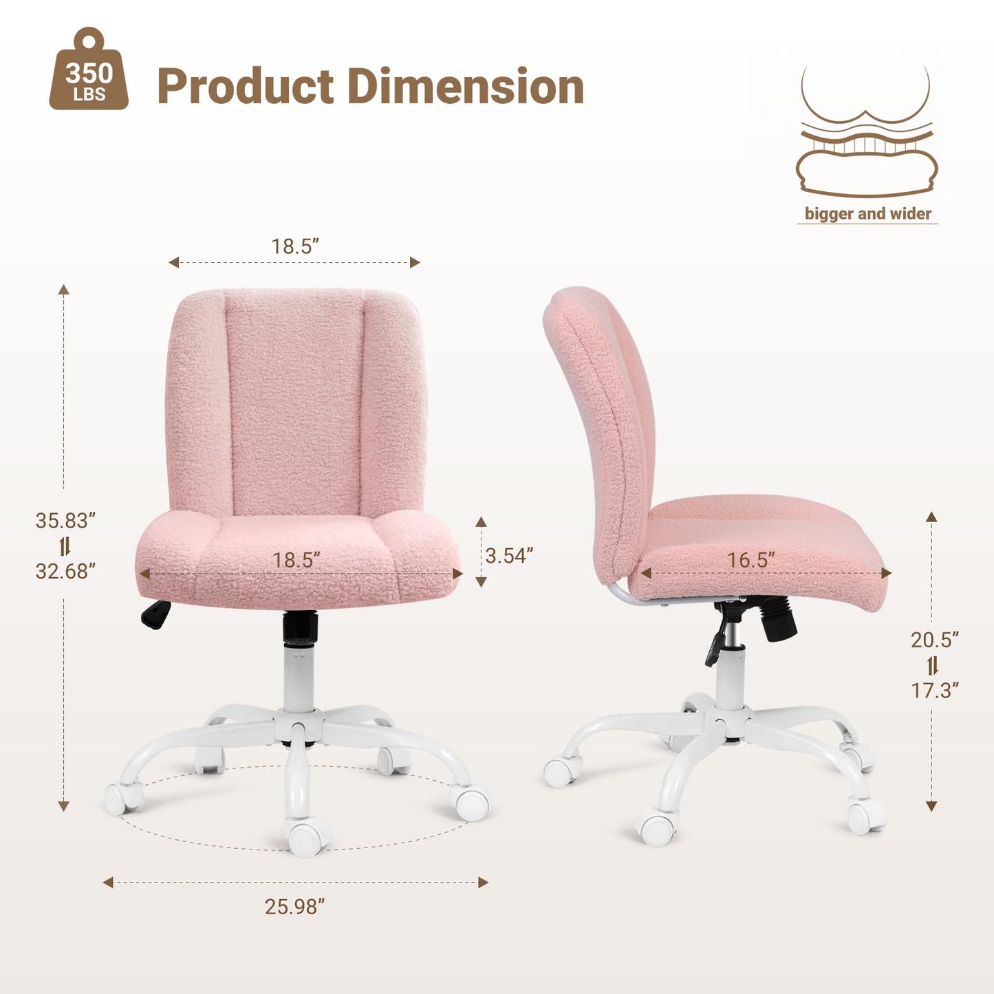 KRAMZMING Vanity Chair with Wheels, Armless Office Chair Height Adjustable, Cute Desk Chair with Soft Lumbar Support for Small Space, Bedroom, Make-up Room, Pink