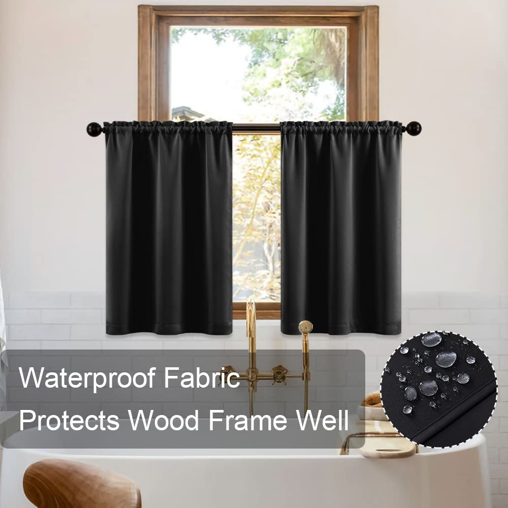 XTMYI Waterproof Fabric 30 Inch Curtains for Bathroom Kitchen Window,Mini Shower Small Short Blackout Tier Curtain Panels,Set of 2,60 Inch Wide,Black