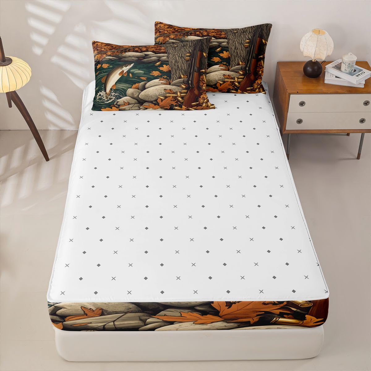 jejeloiu Fishing Zipper Bedding Twin Hunting Wildlife Bedding Sets for Kids Boys Girls Autumn Pond Comforter Set with Fitted Sheet 2 Pillowcases Rustic One Zipper Bed Set for All Seasons
