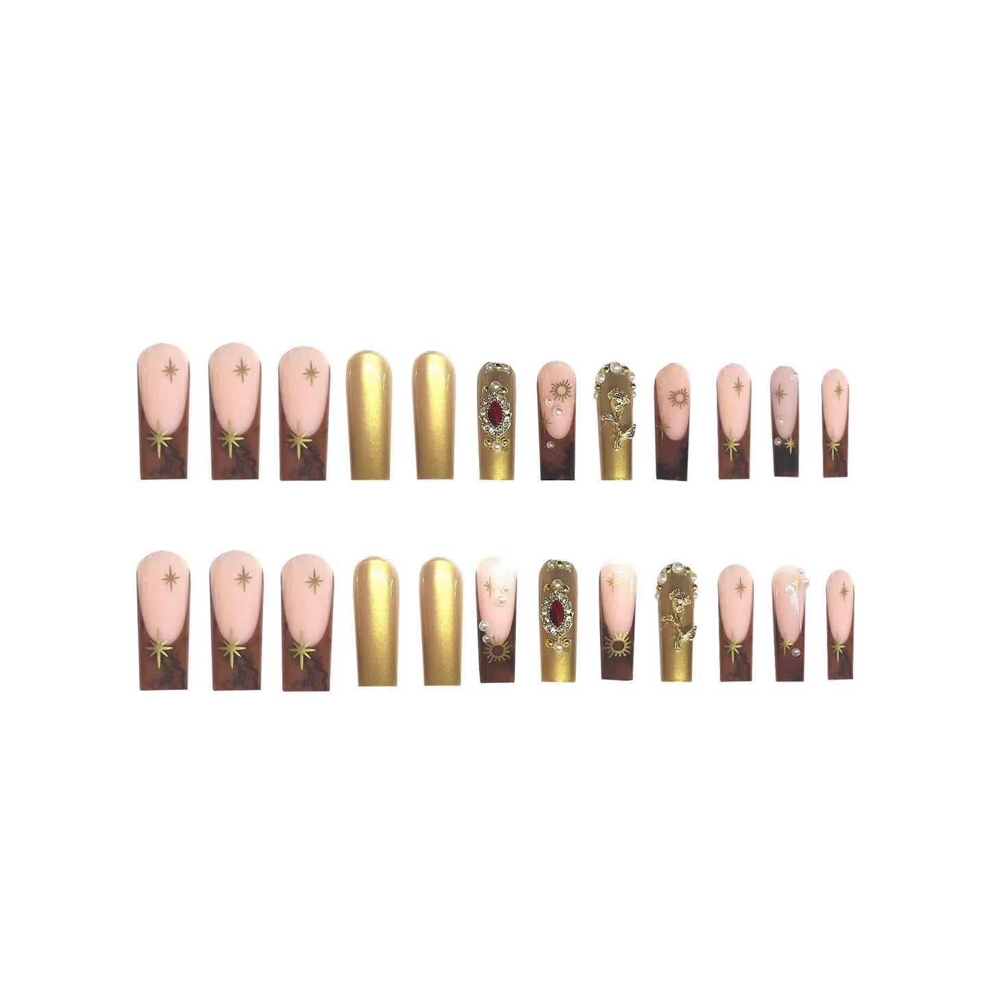 plalely Square Press on Nails Long Gold Fake Nail3D Embossed Acrylic Nail Press ons Red Rhinestones Stick on Nails for Women 24pcs