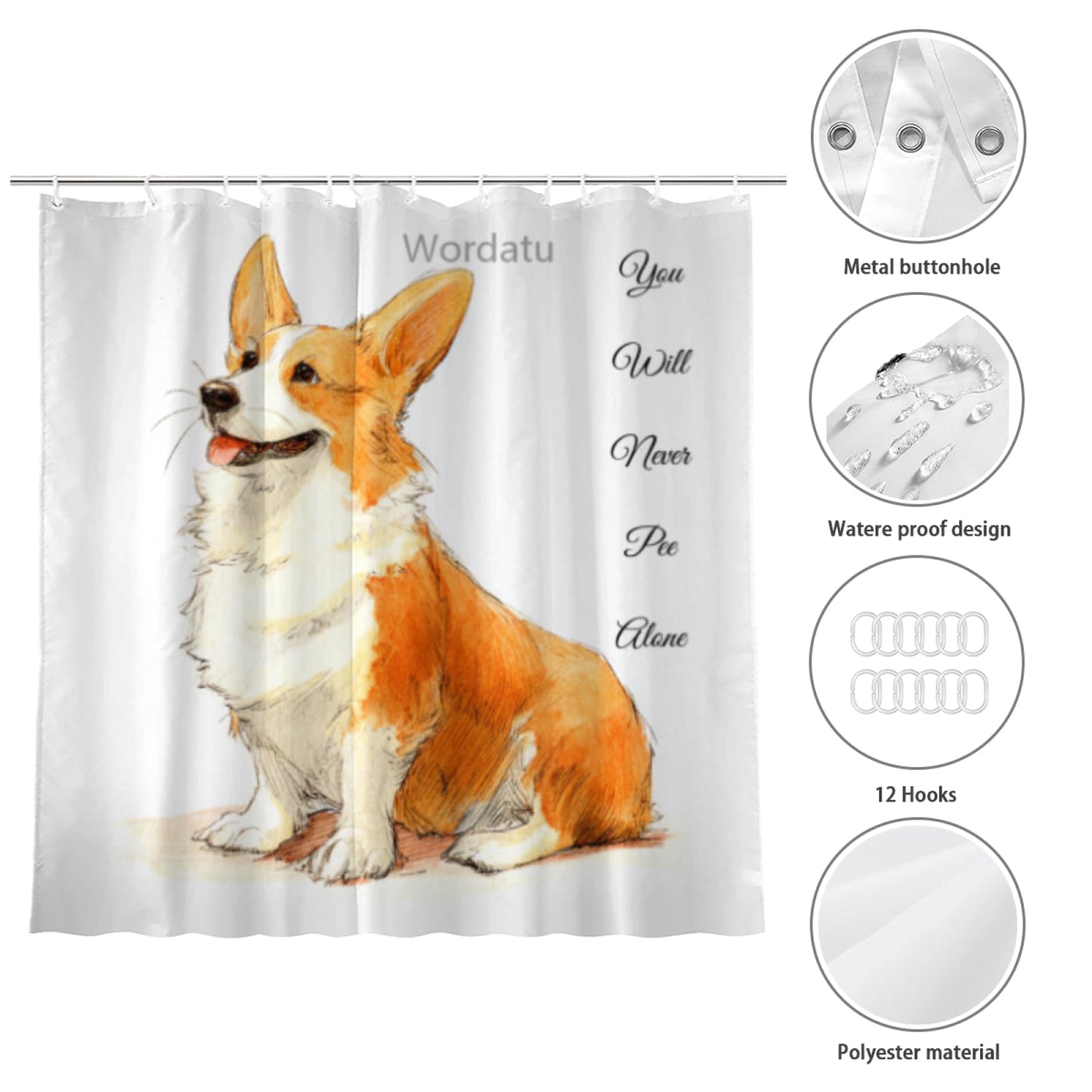 Wordatu Corgi Shower Curtain You Will Never Pee Alone Decor Fabric Bathroom Curtains, Kids Children Rustic 72x72 with 12 Hooks