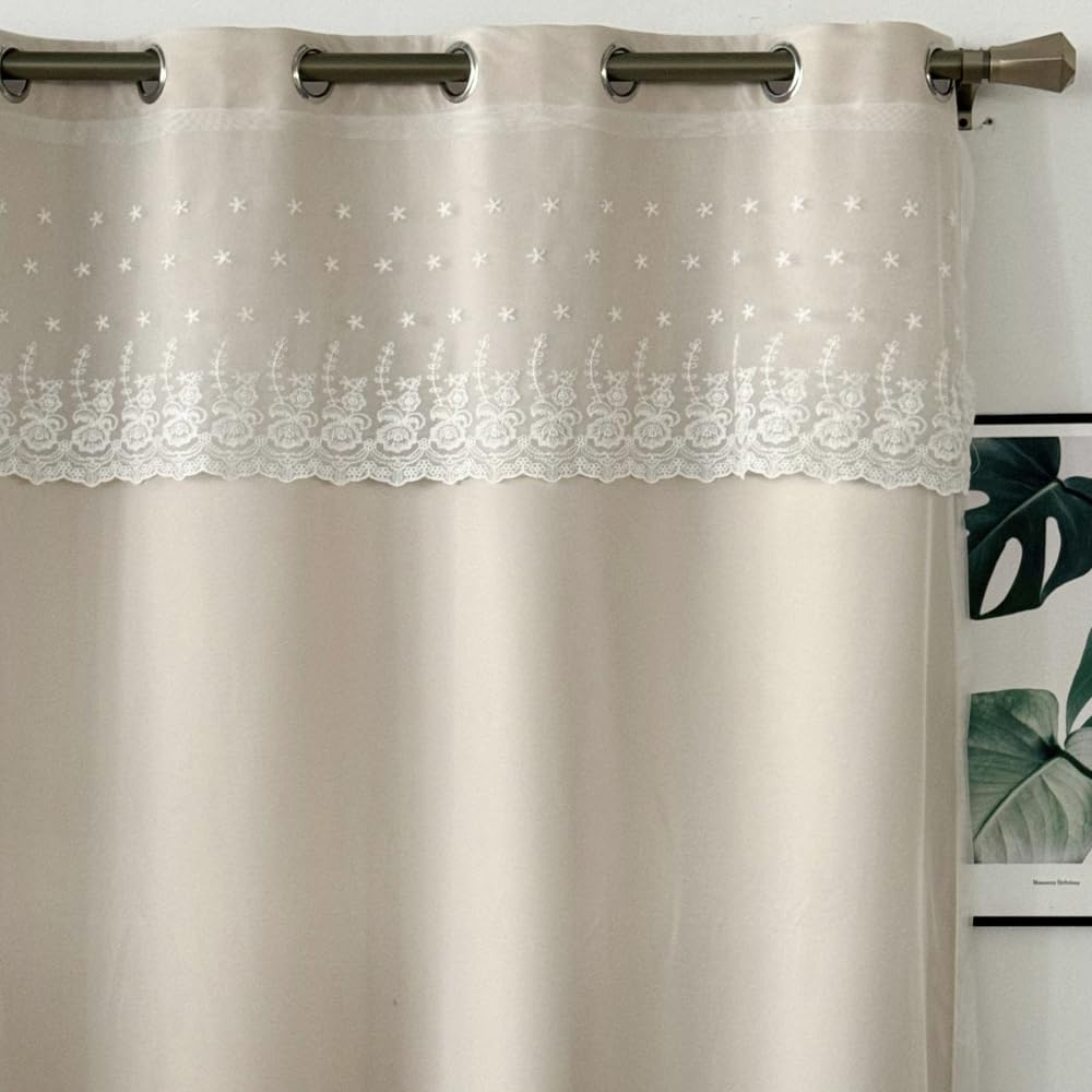 Amidoudou 1 Pair European Double Layer Curtains for Living Room Bedroom Luxury Flower Embroidered Curtains with Valance (Beige,66x96 Inch)