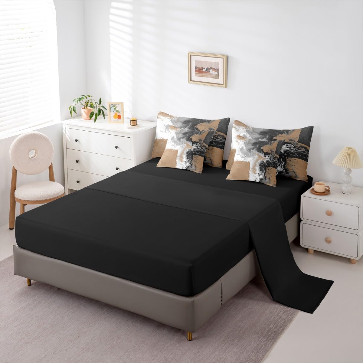 Feelyou Abstract Comforter Set with Sheets 7 Piece King Size Modern Abstract Art Bed in a Bag Kids Boys Girls Luxury Bedding Set Geometric Bedroom Decor Balck and Brown Soft Lightweight Microfiber