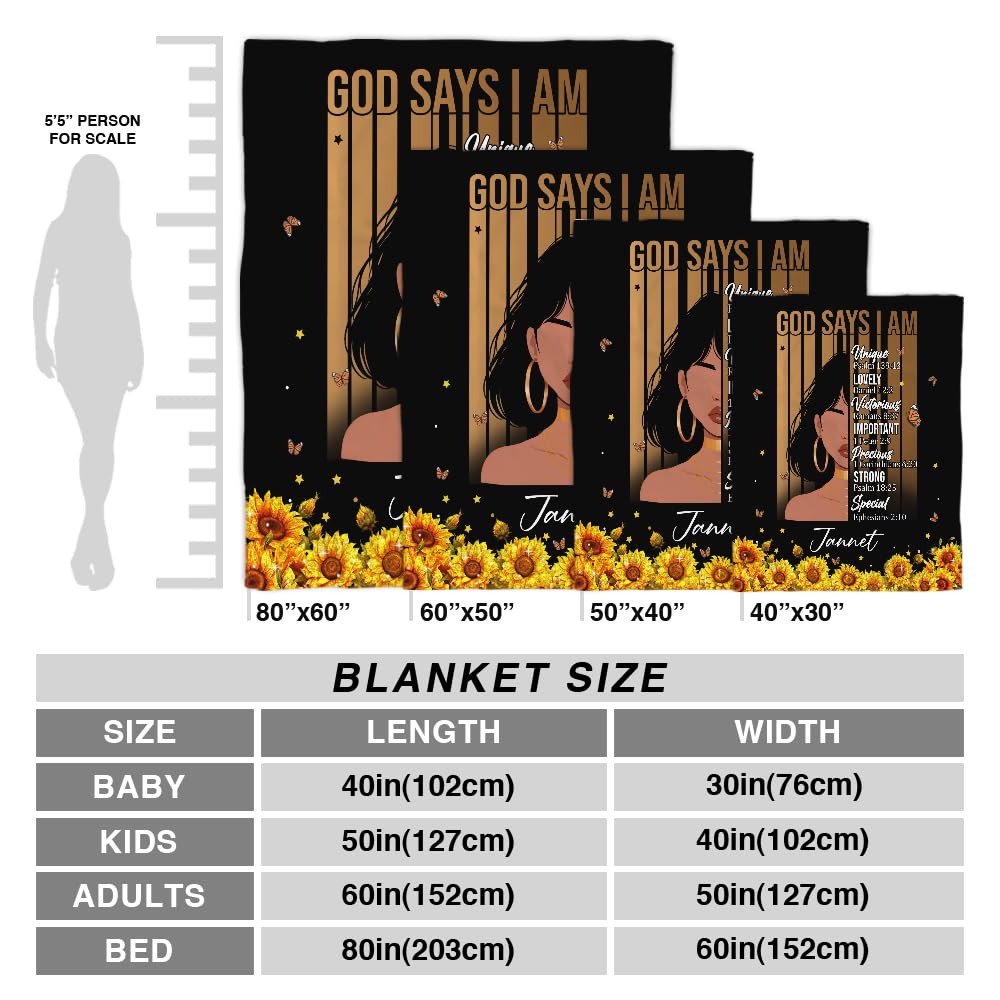 CAPOZEN Personalized God Says I AM Blanket – Custom Name African Inspirational Christian Throw Blankets Gifts for Queen Girl Black Women (Style #3)