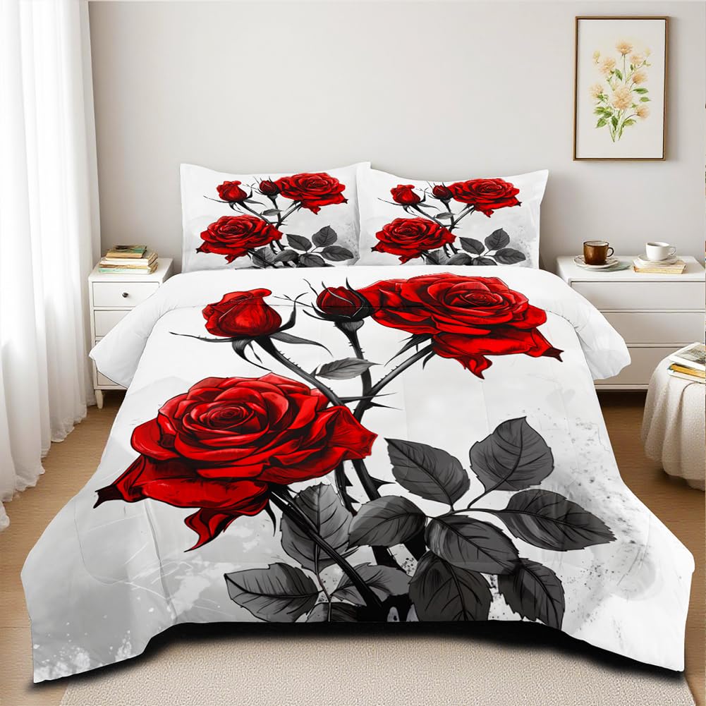 CCoutueChen Red Rose Comforter Set King Size 3 Pieces Romantic Roses Floral Bedding Set for Women Adult Stylish Aesthetic Bedding Soft Lightweight Comforter with 2 Pillowcases