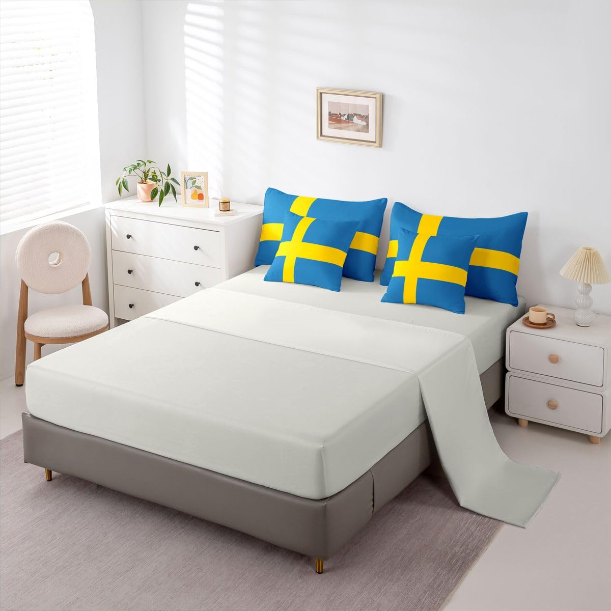 Feelyou Swedish Flag Comforter Set King Size 7 Pieces Sweden‌ Bedding Set for Kids Boys Girls World Countries Bed in a Bag with Sheets Bedroom Decor All Season Quilted Breathable Soft Lightweight