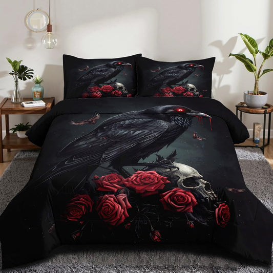 CCoutueChen Black Crow Red Rose Skull Comforter Set King Size Halloween Gothic Roses Skeleton Bedding Set Holiday Decoration Bedding Black Floral Bird Down Comforters Soft Microfiber Comforter Sets