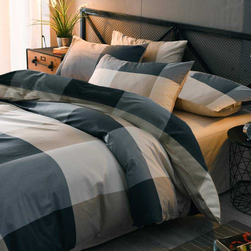 mixinni Queen Size Checkered Duvet Cover Set - 3 Piece Grey Geometric Cotton Bedding Set with Zipper Closure & Corner Ties, 100% Washed Cotton Soft Breathable Duvet Cover for Men, Women, Teens (Queen)