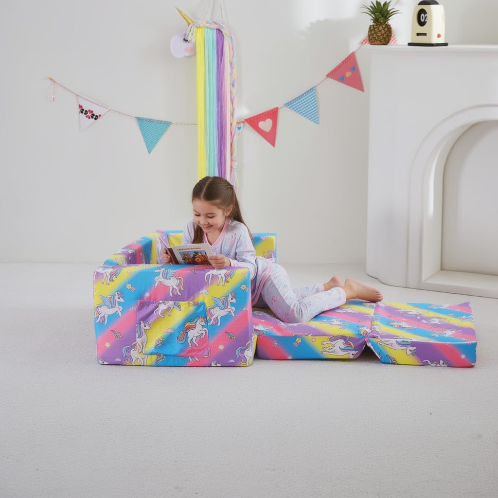 Viviland Toddler Chair, 2-in-1 Kids Couch Bed, Toddler Chairs Comfy 1-3 Years Old Fold Out Convertible Soft to Lounger, Colorful Rainbow Unicorn Baby Couch