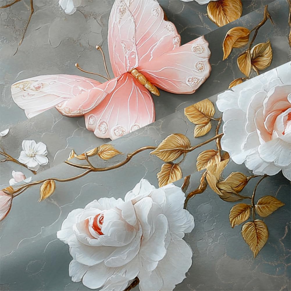 CCoutueChen Floral Butterfly Comforter Set Queen White Flower Pink Butterflies on Gray Marble Bedding Set for Women Men Modern Aesthetic Bedding Soft Lightweight 90x90 Comforter with 2 Pillowcases