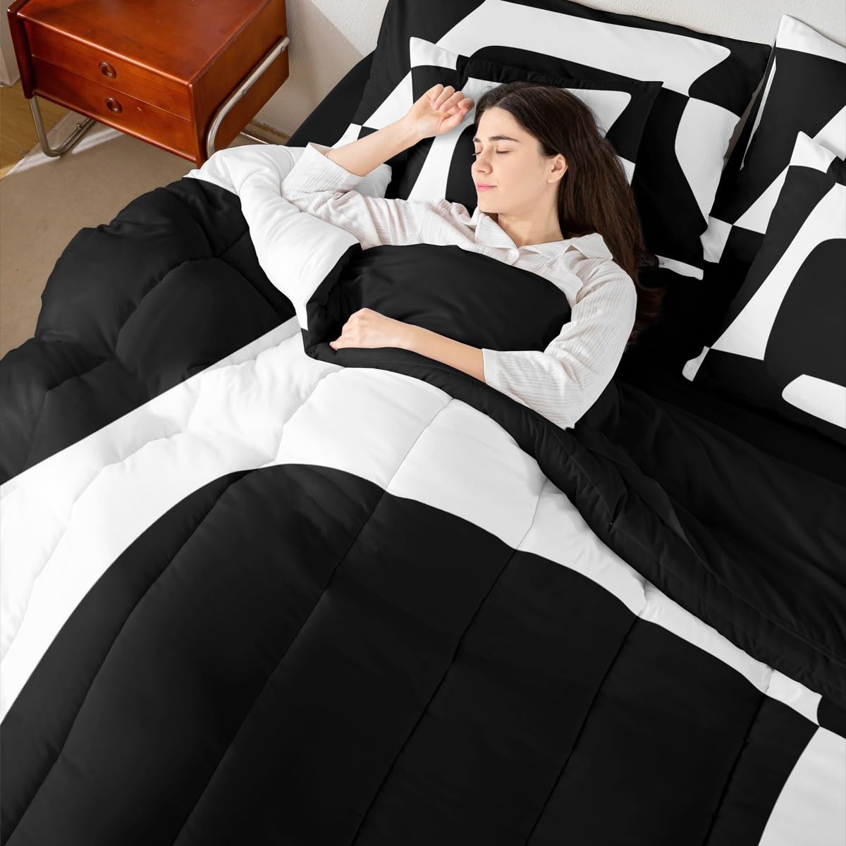 Erosebridal Black and White Abstract King 7-Piece Bedding Set for Adult Women Men Boho Geometric Striped Comforter Set Modern Art Bed in a Bag Simple Aesthetic Modern Bed Collections