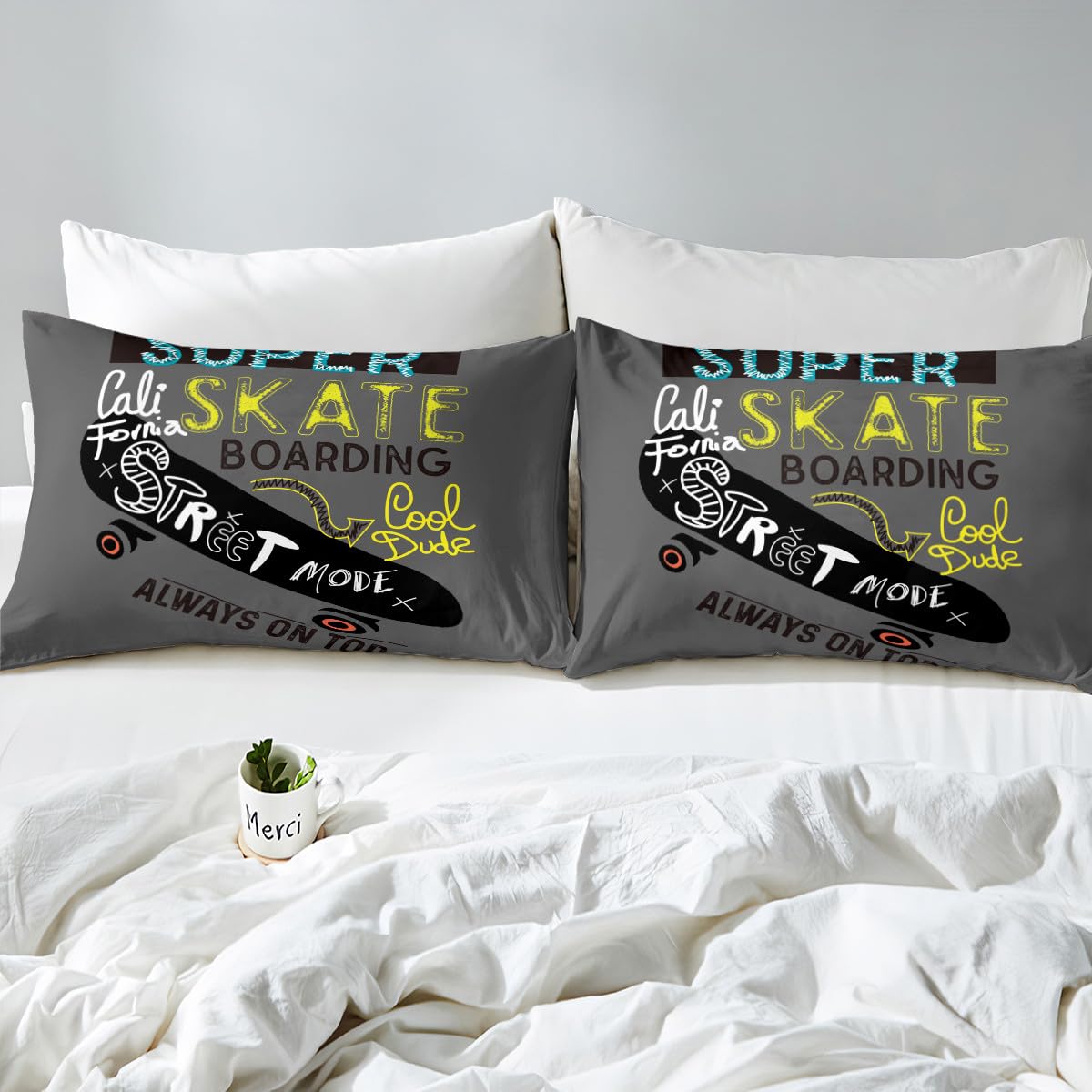 Feelyou Youth Skateboard Bedding Set Kids Extreme Sports Theme Bed Sheet Set Boys Teens Hipster Fitted Sheet Hip Hop Street Culture Bed Cover,Room Decor 3Pcs Sheets Full Size,Gray