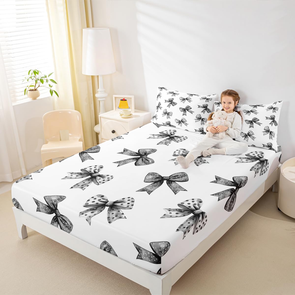 Erosebridal Bow Sheets for Boys Girls Ribbon Black Bow Fitted Sheet,Coquette Bowknot with Dots Kids Bedding Sets Dreamy Princess Bowtie Bed Sets Queen 3 Piece
