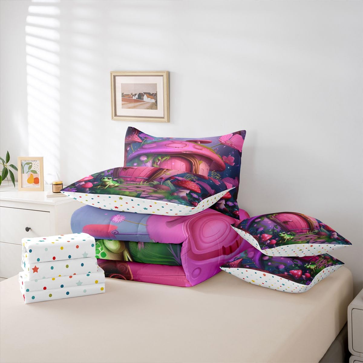 Erosebridal Comforter Set Twin Size, Cute Mushroom House 7 Pcs Bedding for Kids and Adults, Fairy Tale Frog Bed Sheet Sets with Fitted Sheet 2 Pillowcases & 2 Shams for Bedroom Bed Decor