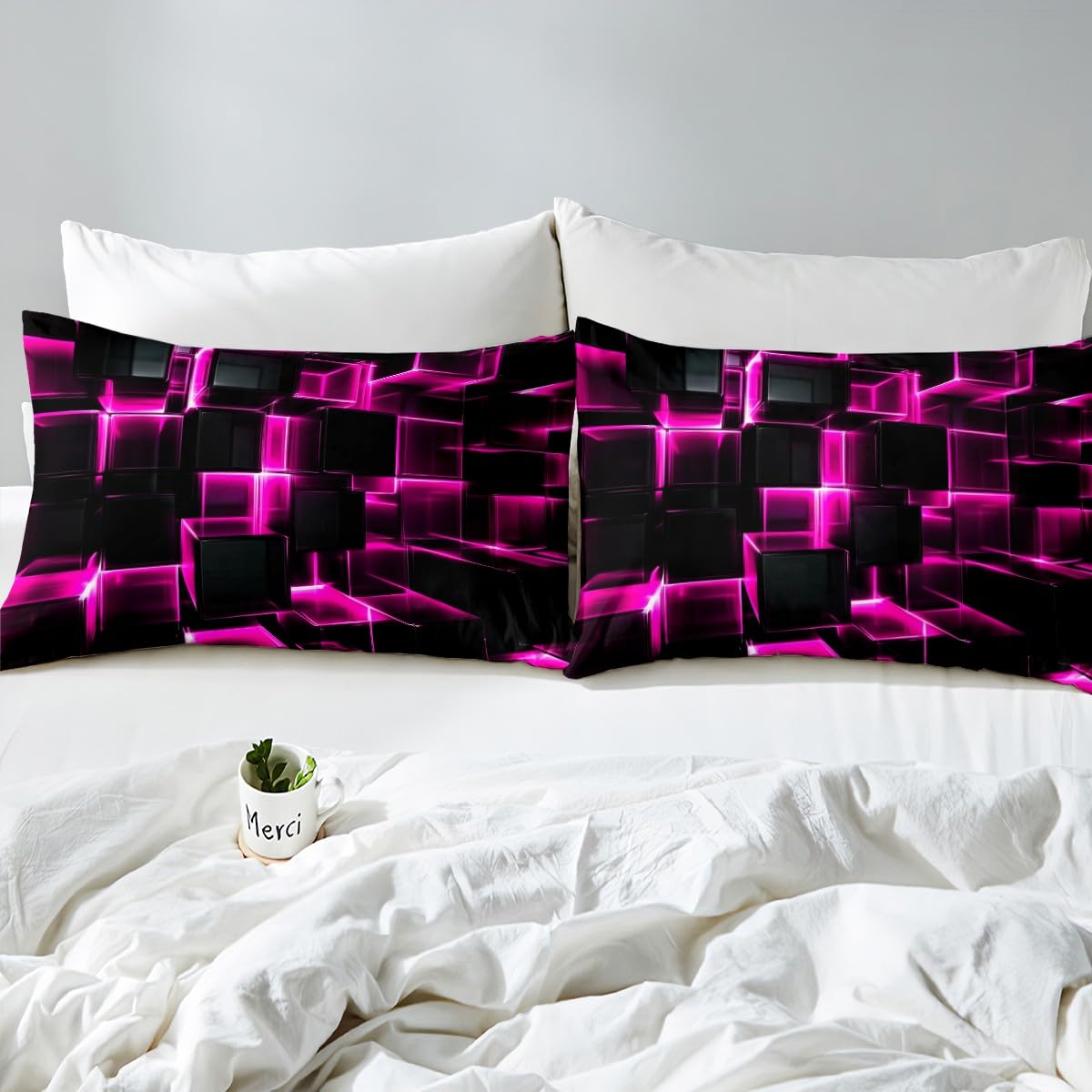 Erosebridal Honeycomb Square Duvet Cover for Kids Girls 3D Geometric Square Bedding Queen, Pink Black Neon Lights Bedding Sets, Gradient Print Bed Cover with 2 Pillow Cases