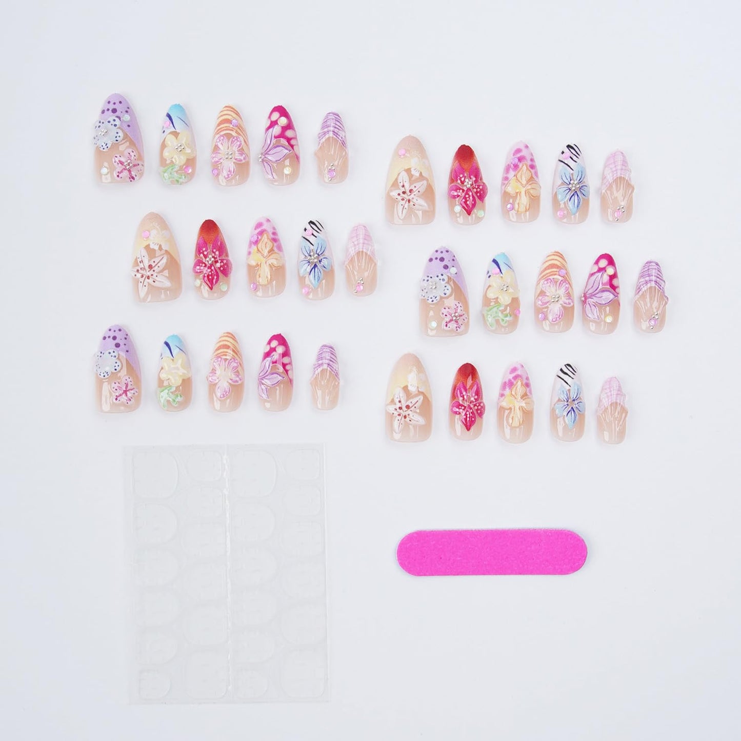 3D Flower Press On Nails - Medium Almond Fake Nails with Colorful Embossed Floral & Rhinestone Design, Glossy Acrylic Glue On Nails for Women, Reusable Full Cover False Nails with Glue Tabs - 30Pcs