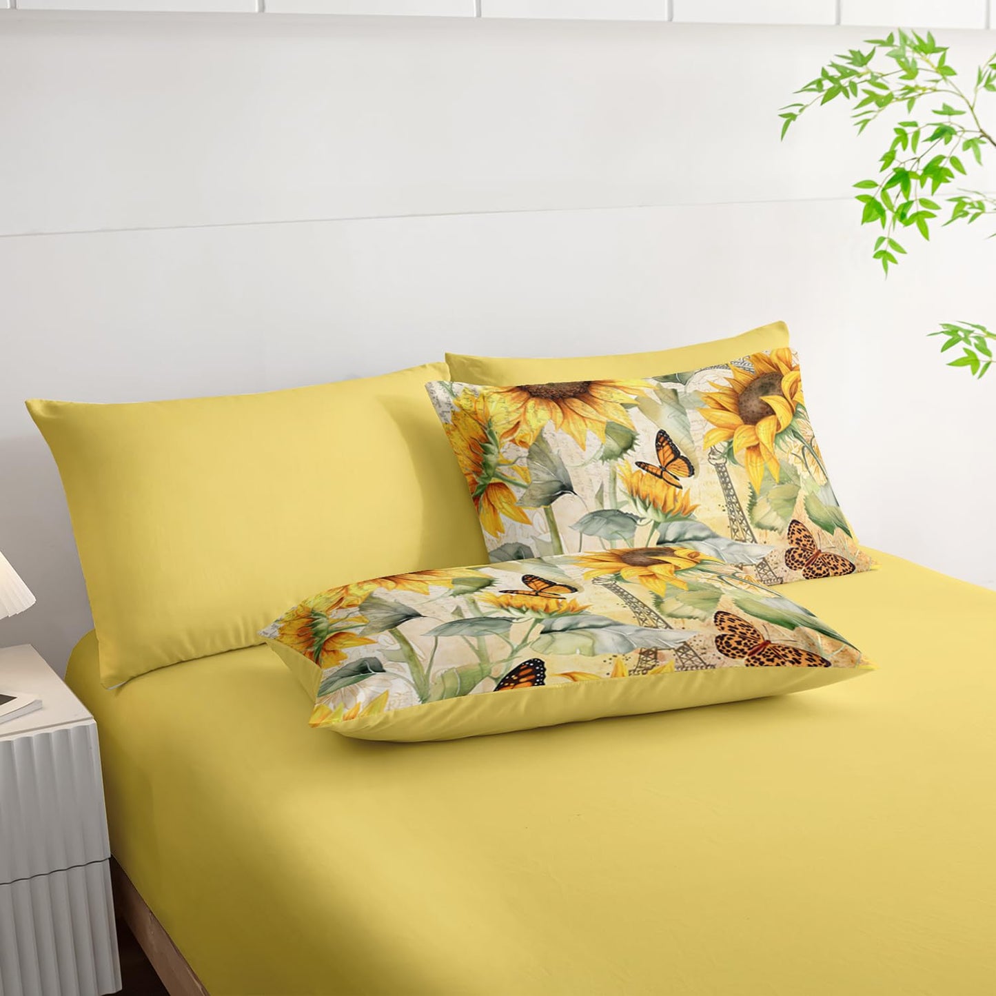 AILONEN 7-Piece,Sunflower Comforter Set for Kids Girls,Yellow Floral Botanical Bed in a Bag Twin Size,Eiffel Tower Butterfly Comforter & Fitted Sheet with Flat Sheet,2 Pillowcases,2 Pillow Shams