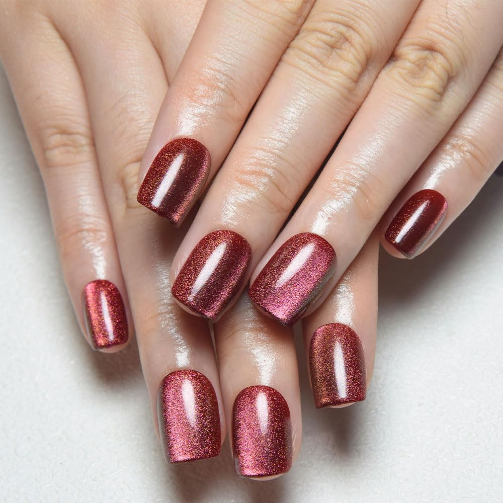evpct Dark Pink Cat Press on Nails Eye Short Square, Petite Short Square Stick on Nails for Women Gift, Dark Pink Glossy Holographic Fake Nails Reusable Gel Press on Acrylic Fake Nail with Design