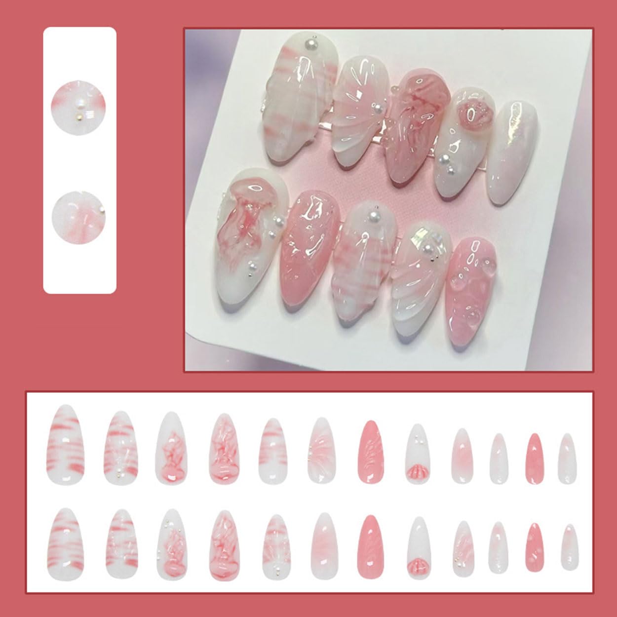 Press on Nails Almond Medium Pink Fake Nails French Tip False Nails Press ons with Shell Ocean Design Glue on Nails Artificial Acrylic Nail Art Glossy Full Cover Stick on Nail Supplies for Women 24Pcs
