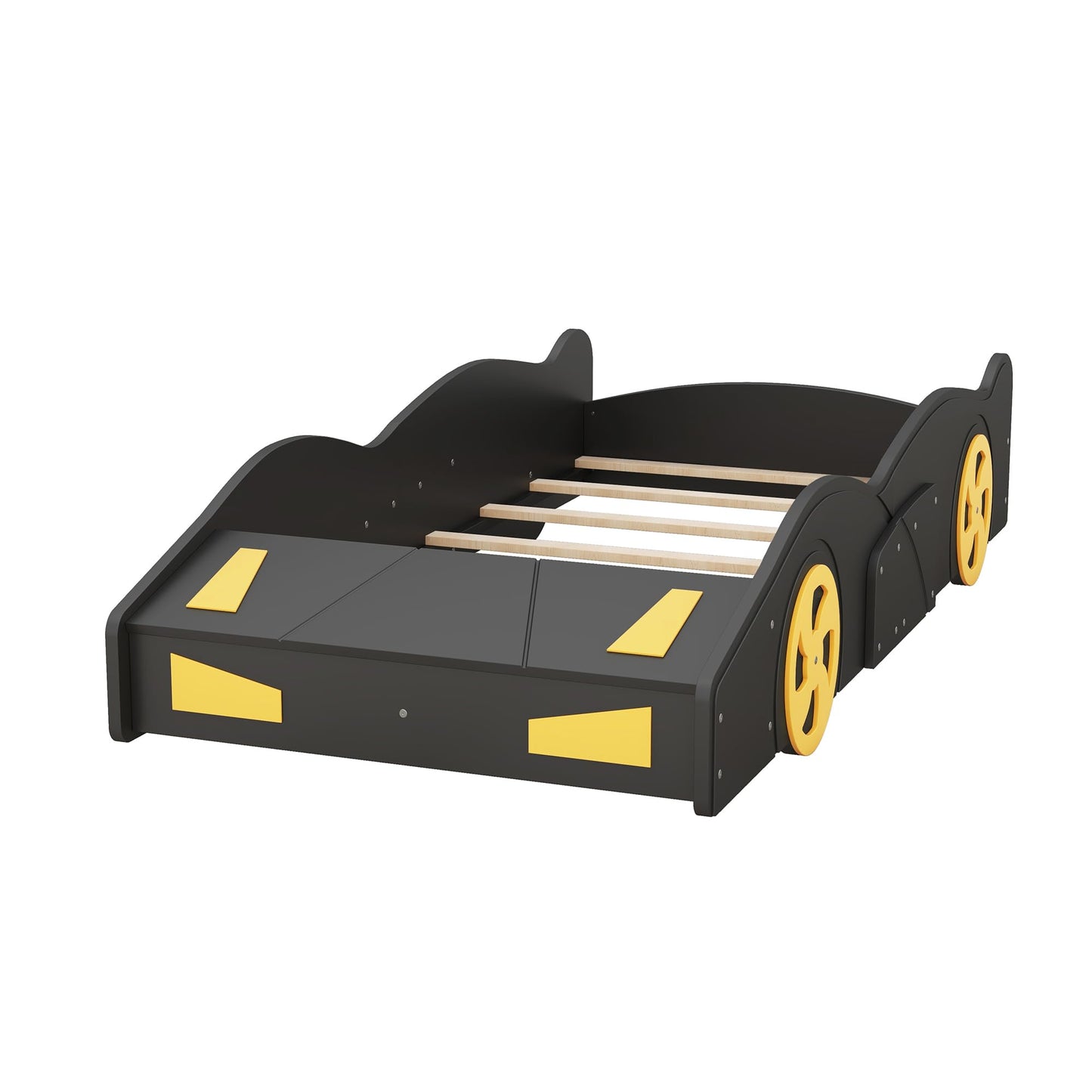 Acosure Twin Size Race Car Bed Platform Bed with Wheels and Storage,Wood Bed Frame W/Wood Slats Support,for Kids Boys Girls Teens,Box Spring Not Required,Black+Yellow