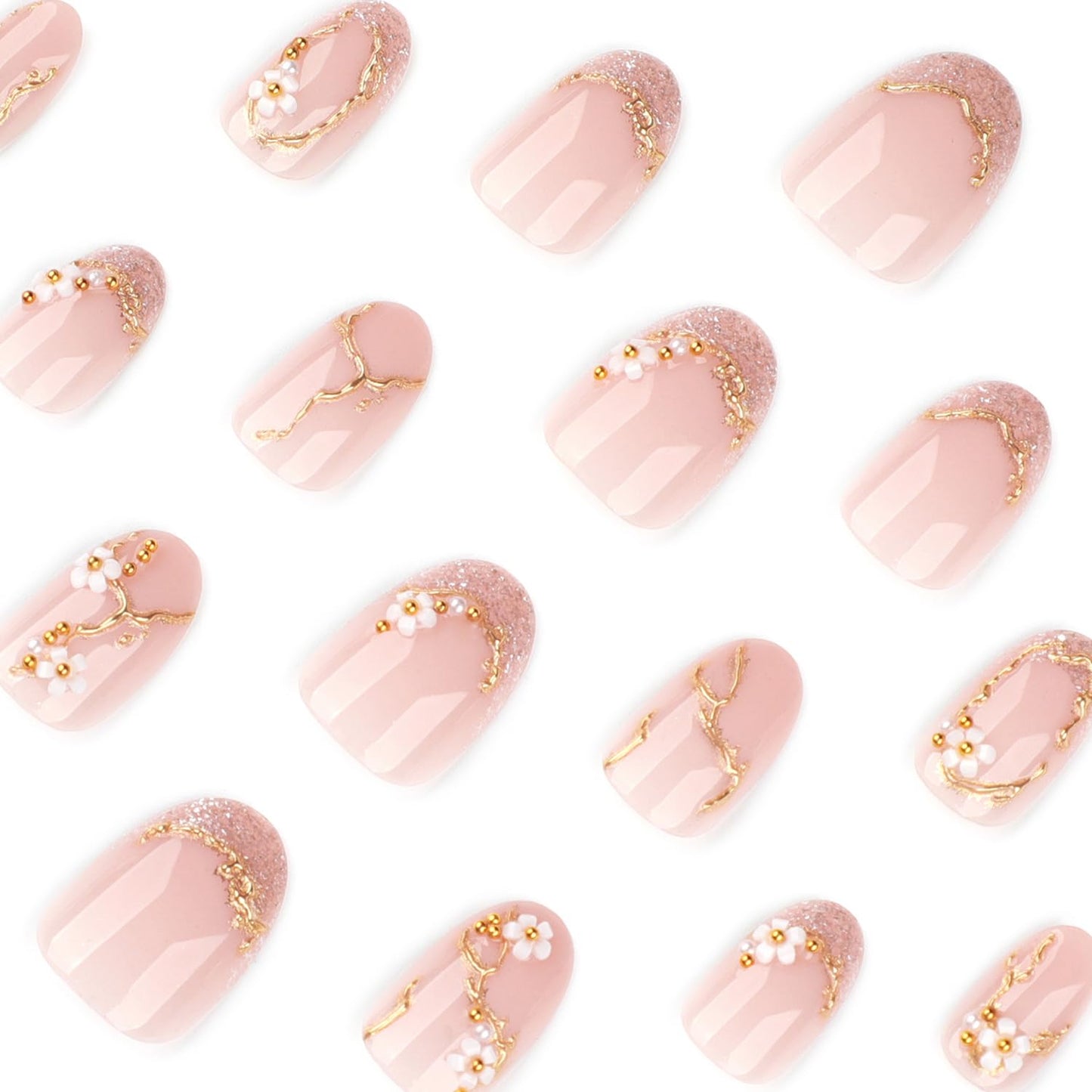 Flower Press On Nails Short Almond Nude Pink Spring False Nails With 3D Flowers Designs Gold French Nails Press Ons Artificial Acrylic Nails Full Cover Glue On Nails Stick On Nails For Women