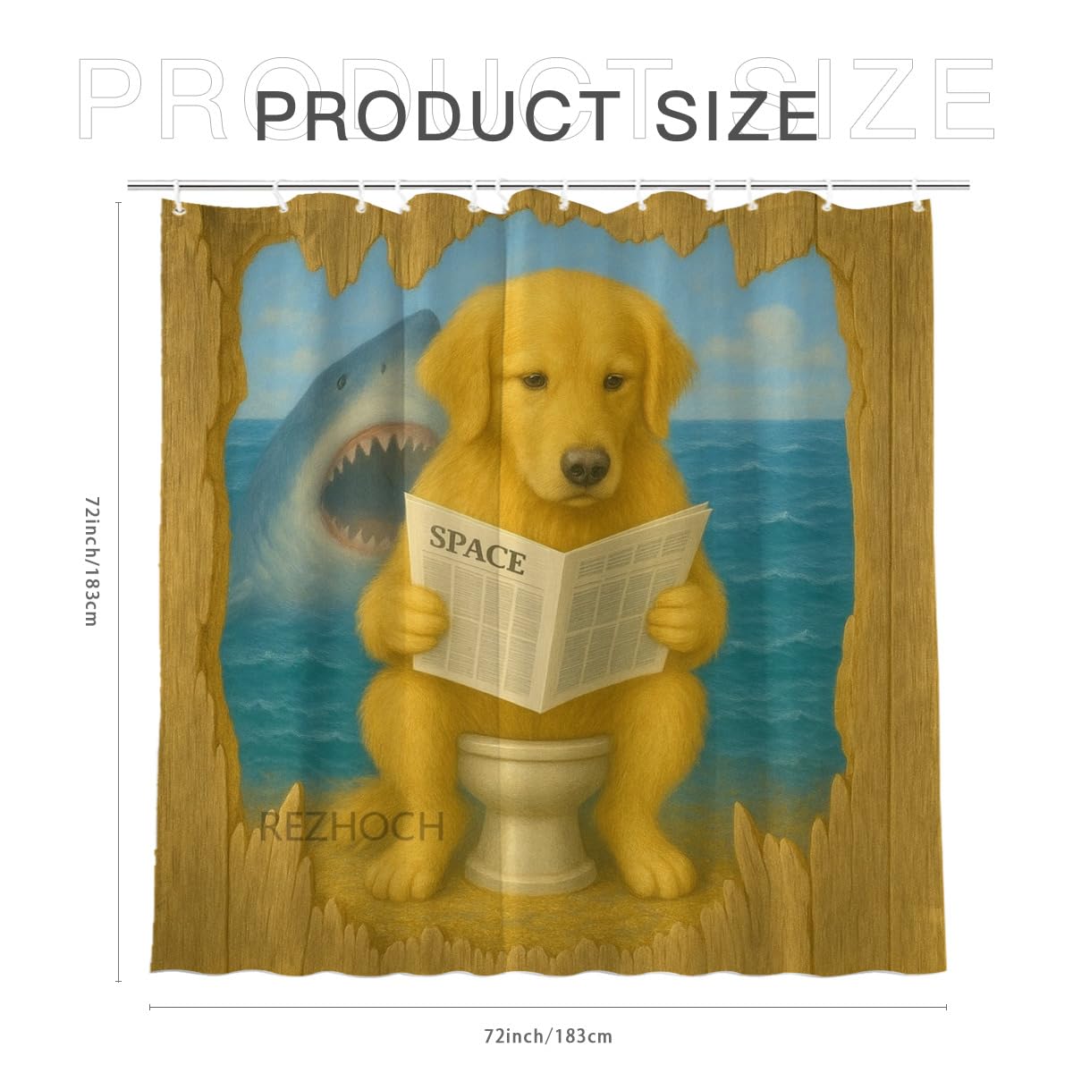 REZHOCH Golden Retriever Sitting on Toilet Reading Newspaper Shark Shower Curtain Durable Waterproof Fabric Bathtub Sets Funny Animal Home Bathroom Decoration 72x72inch with 12 Hooks
