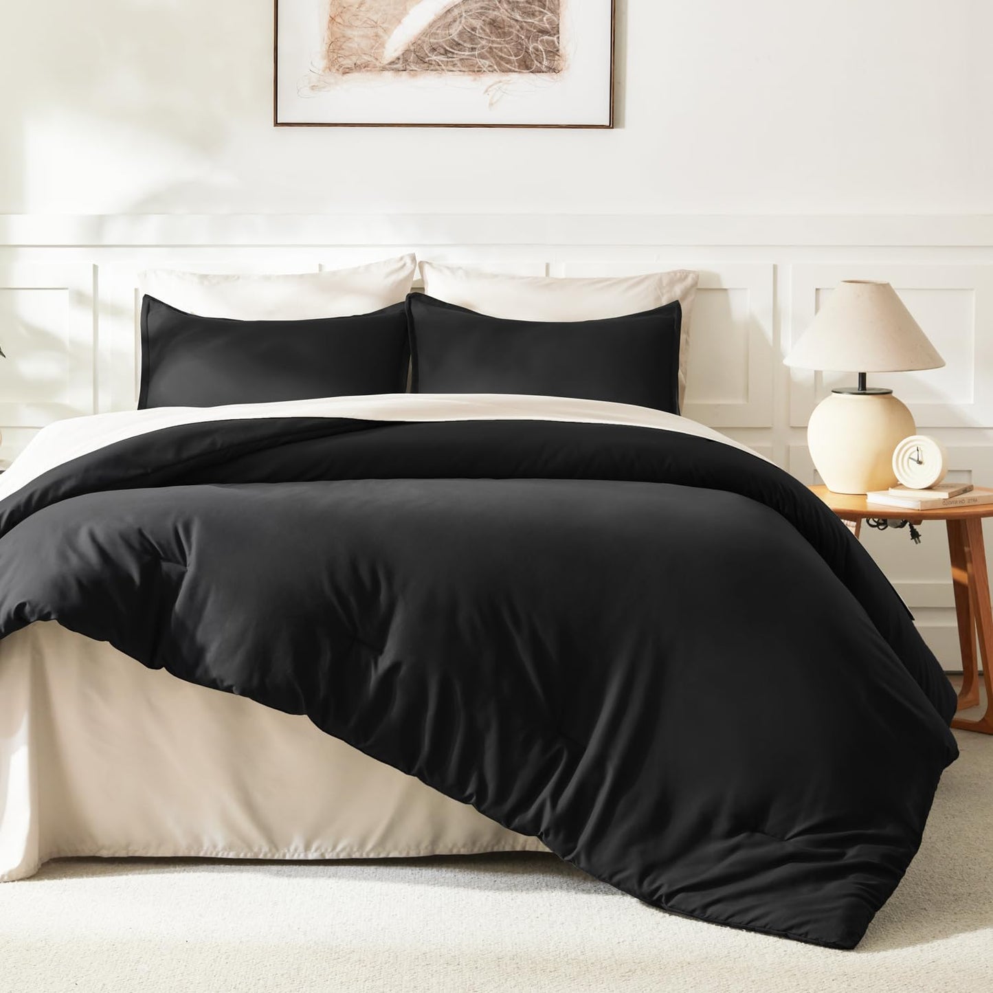 Litanika Black Comforter King Size, 3 Pieces Lightweight Solid Bedding Comforter Set, All Season Fluffy Bed Set (104x90In Comforter & 2 Pillowcases)