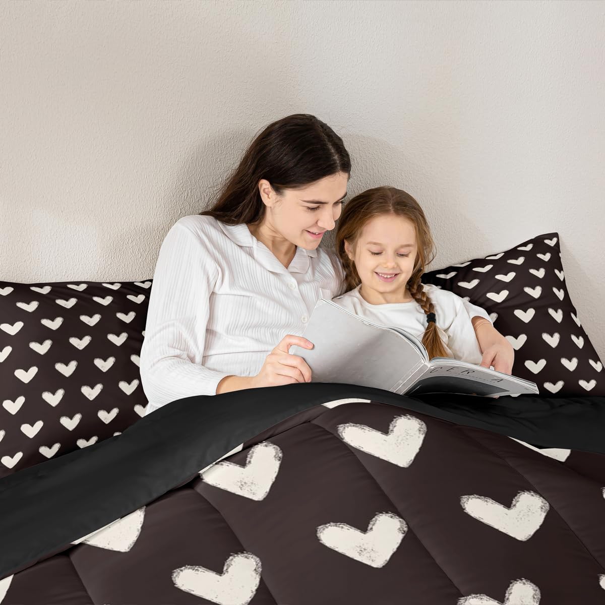 Erosebridal Love Comforter Set Queen Black and White Bedding for Kids Boys Girls Cute Heart Shaped Valentine Day Down Comforter Kawaii Cartoon Love Heart Geometric Duvet Insert Soft Warm Quilt 3Pcs