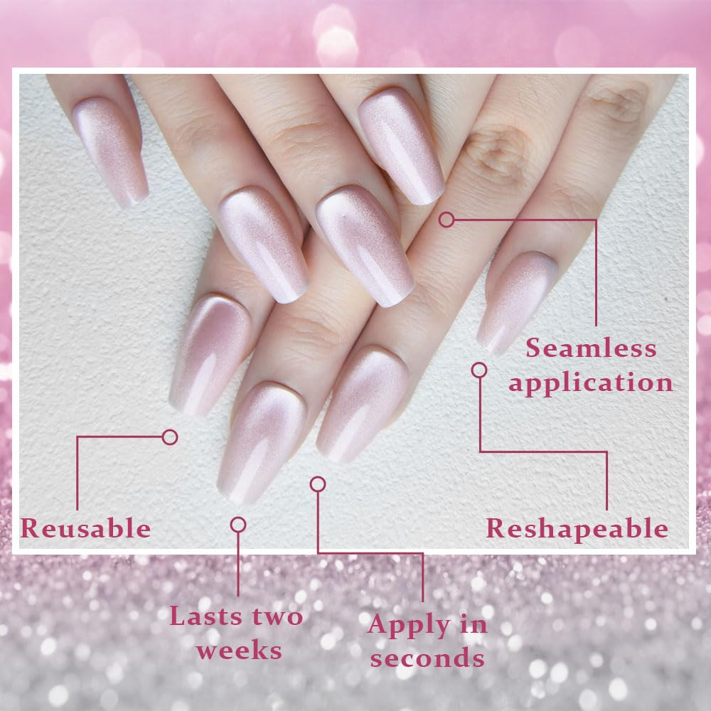 evpct Nude Cat Eye Coffin Press on Nails Square Medium, Medium Square Stick on Nail for Women Gift, Nude Metallic Glitter Glossy Reusable Summer Soft Gel Press on Acrylic Fake Nail with Designs