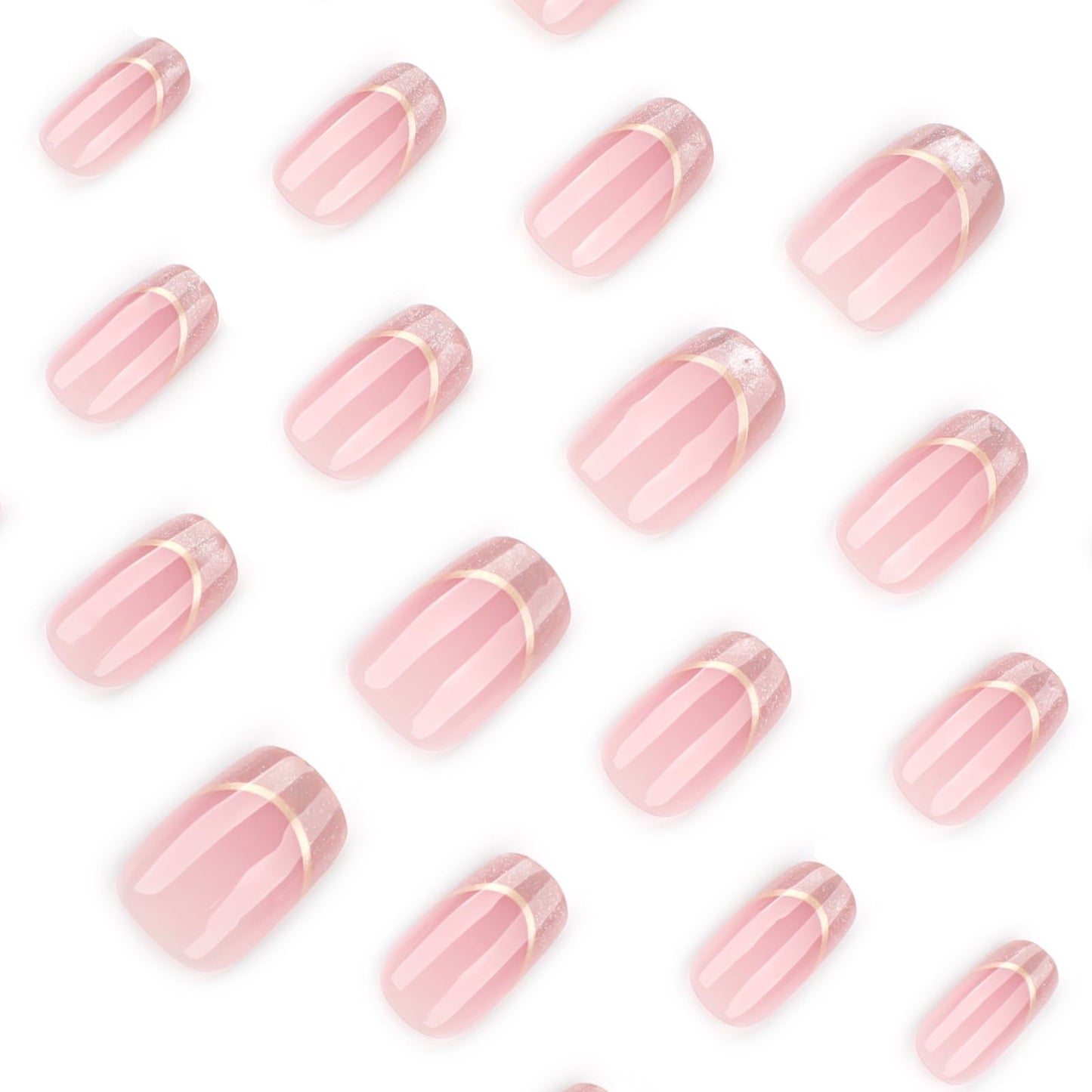 Short Almond Press On Nails Nude Glitter French Tips with Gold Outline, Glossy Acrylic Fake Nails, Reusable Stick On Nails Kit with for Women, Elegant Shimmery Manicure Set