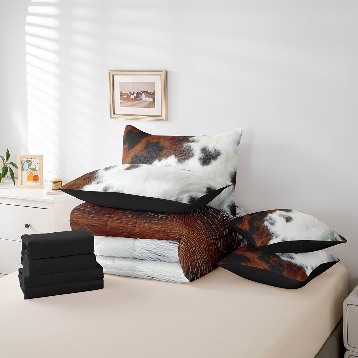 Erosebridal Cowhide Teens Comforter Set 7 Piece Western Cow Print Bedding Set King Size Bull Cattle Skin Bed in A Bag for Kids Boys Adult Bedroom Farmhouse Animal Hair Sheets