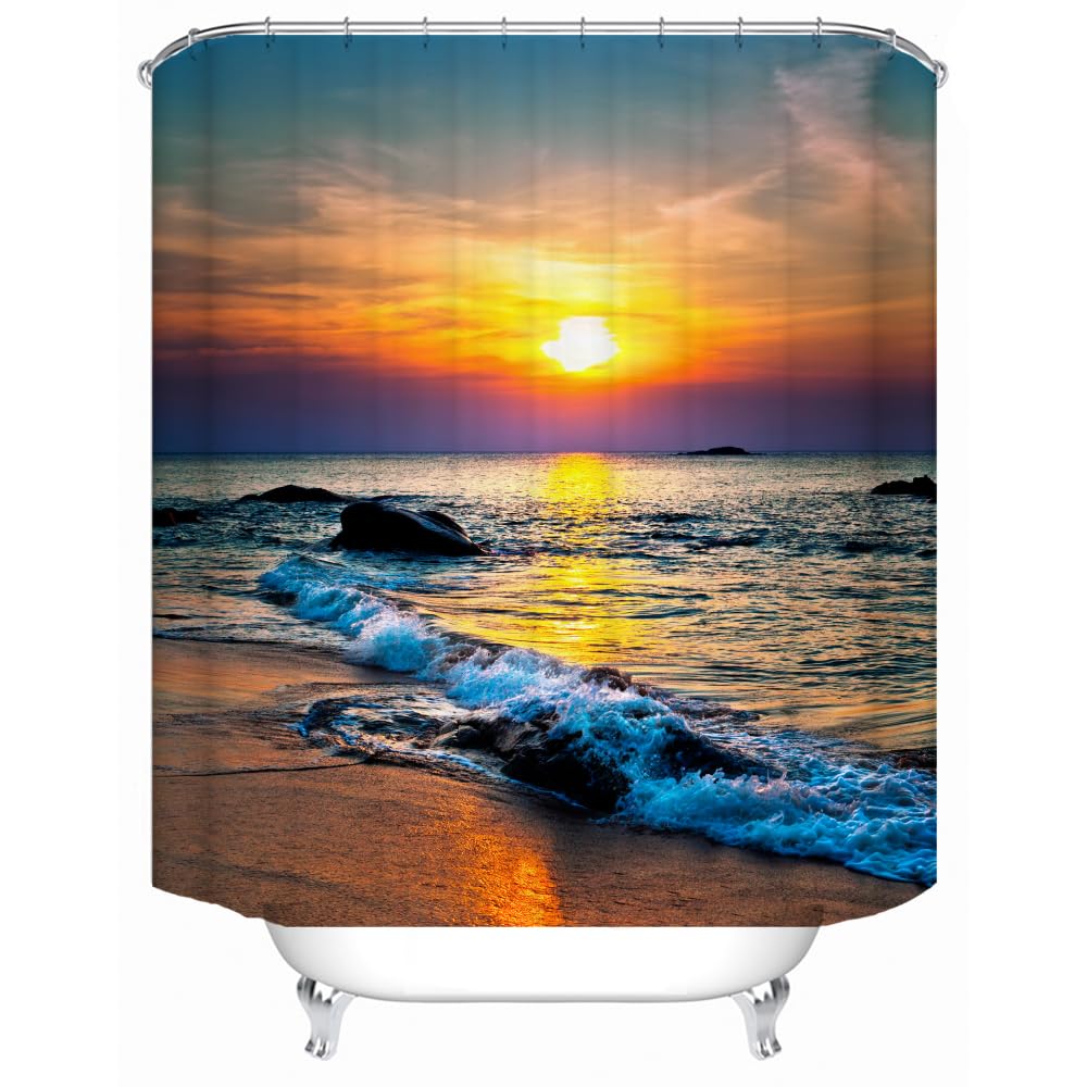 LYFANS Bathroom Uses Dawn Beach 3D Shower Curtain, Bathtub Uses Luxurious Standard Waterproof Shower Curtain, Washable Fabric Shower Curtains, with 12 White Hooks, 59x72 Inches.