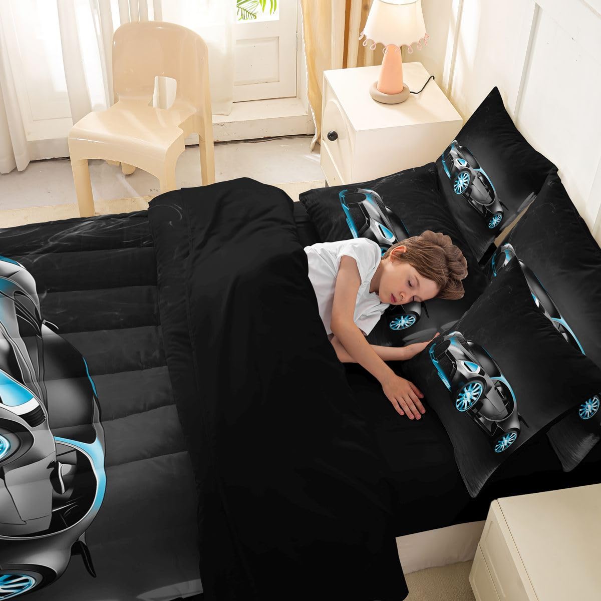 Sports Car 7 Piece Bedding Set Stylish Black Race Car Comforter Set with Sheets for Kids Boys Girls Extreme Sports Theme Bed in a Bag Cool Speed Luxury Car Decor Bed Set with 2 Pillowcases Queen