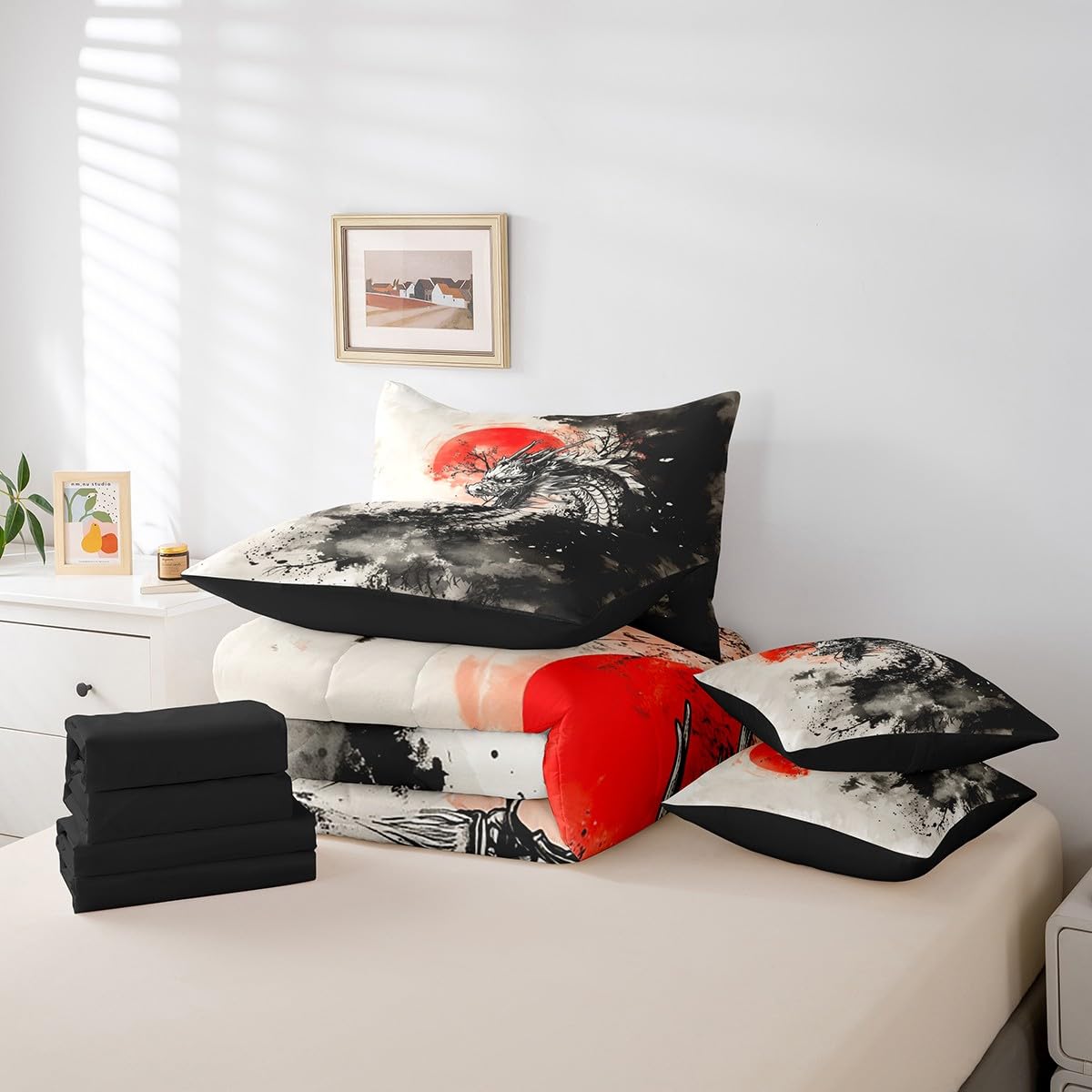 7 Pieces Ink Painting Dragon Comforter Set Queen,Japanese Style Sun Bed Set for Kids Boys Girls,Black White Red Bedding(1 Comforter,1 Fitted Sheet,1 Flat Sheet,2 Pillowcases,2 Throw Pillow Cover)