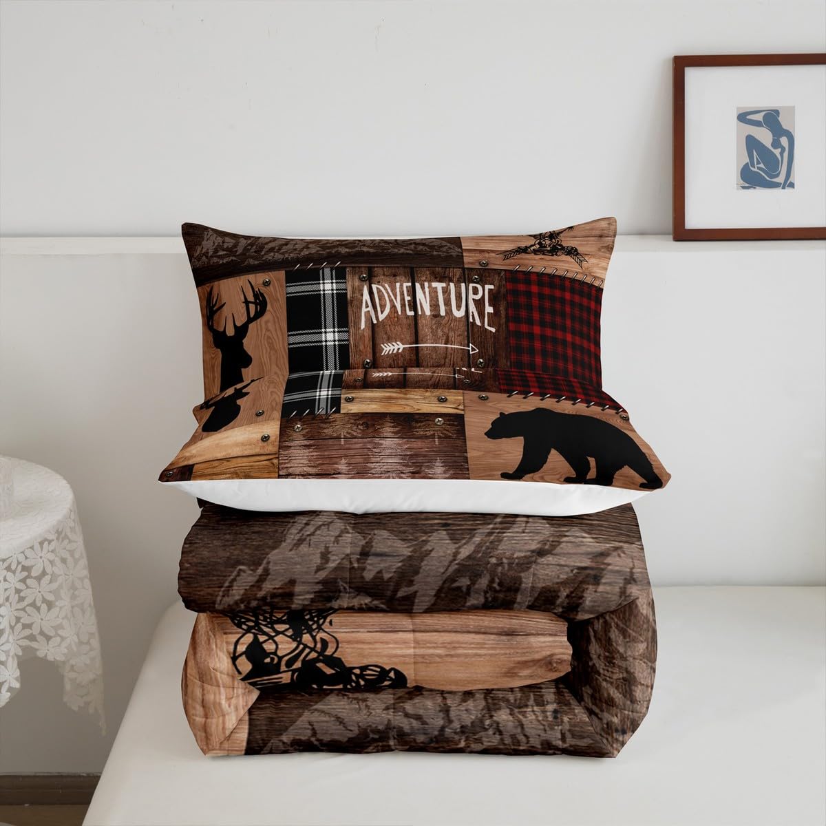 Rustic Cabin Comforter Set Twin Size,Farmhouse Bedding Set Kids Boys Girls Brown Cabin Decor,Hunting Animals Bedspread Bear Deer WildlifeDuvet Insert Patchwork Red Black Plaid Lodge Quilt Set 2pcs